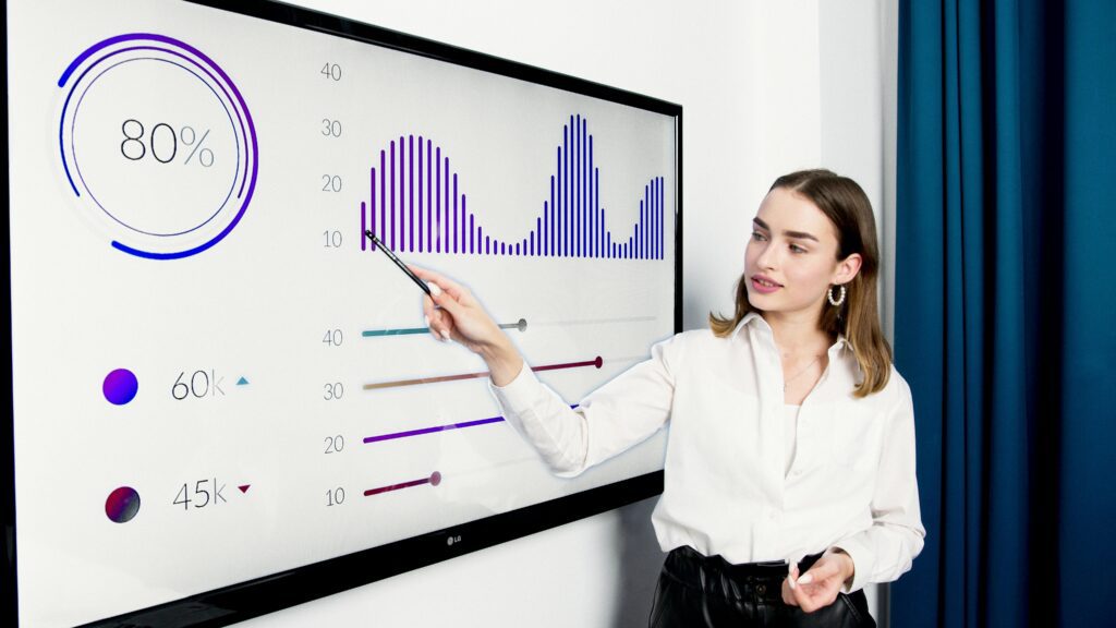 Woman in White Dress Shirt Standing Beside Projector Screen